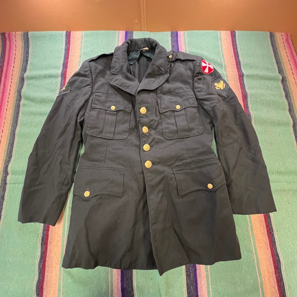 US Army Military Dress Coat Men 40S Green Wool Patch Gold Button Uniform Jacket